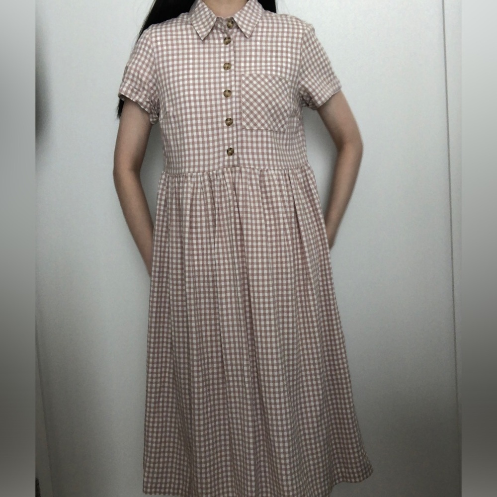 Pink and white gingham half button-up long dress